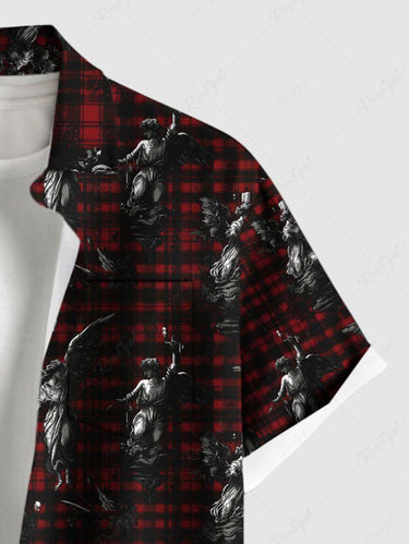 Gothic Plus Size Plaid Goddess Statue Print Button Pocket Shirt For Men