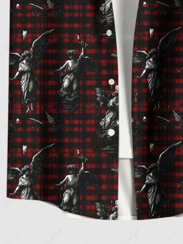Gothic Plus Size Plaid Goddess Statue Print Button Pocket Shirt For Men