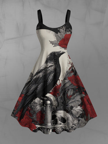 Gothic Plus Size Skull Crow Flower Print A Line Dress