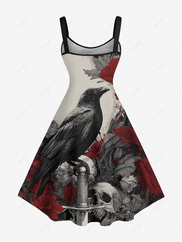 Gothic Plus Size Skull Crow Flower Print A Line Dress