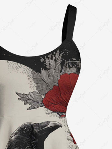 Gothic Plus Size Skull Crow Flower Print A Line Dress