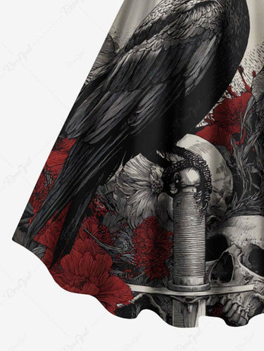 Gothic Plus Size Skull Crow Flower Print A Line Dress