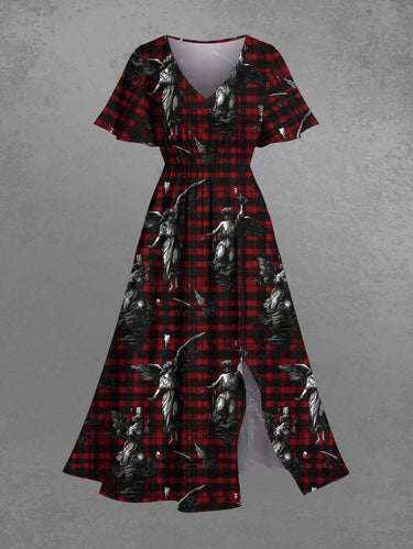 Gothic Plus Size Plaid Goddess Statue Print Split Pocket A Line Midi Dress