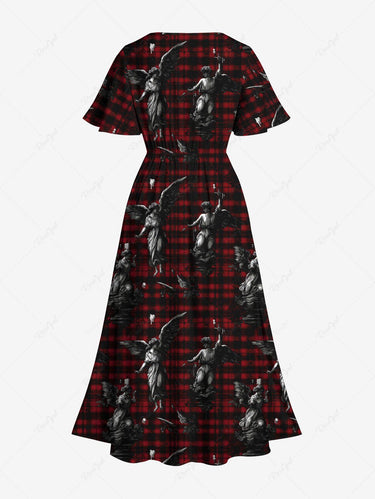 Gothic Plus Size Plaid Goddess Statue Print Split Pocket A Line Midi Dress