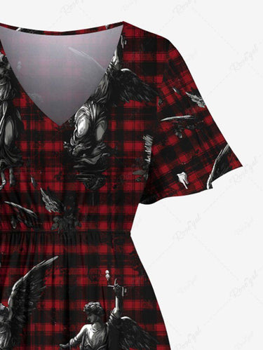 Gothic Plus Size Plaid Goddess Statue Print Split Pocket A Line Midi Dress