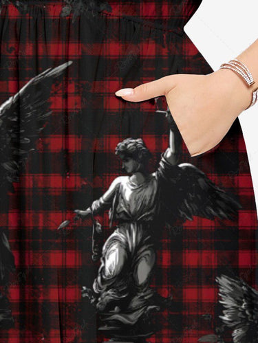 Gothic Plus Size Plaid Goddess Statue Print Split Pocket A Line Midi Dress
