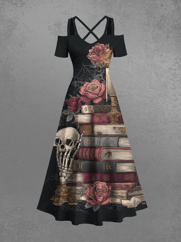 Gothic Plus Size Skull Flower Books Candle Print Cold Shoulder Crisscross Strappy A Line Maxi Dress