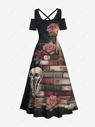 Gothic Plus Size Skull Flower Books Candle Print Cold Shoulder Crisscross Strappy A Line Maxi Dress