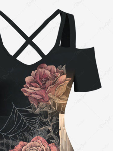 Gothic Plus Size Skull Flower Books Candle Print Cold Shoulder Crisscross Strappy A Line Maxi Dress