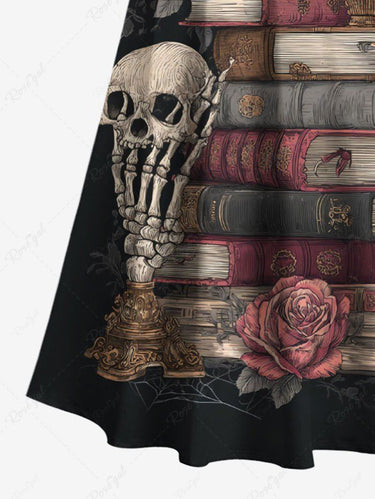 Gothic Plus Size Skull Flower Books Candle Print Cold Shoulder Crisscross Strappy A Line Maxi Dress