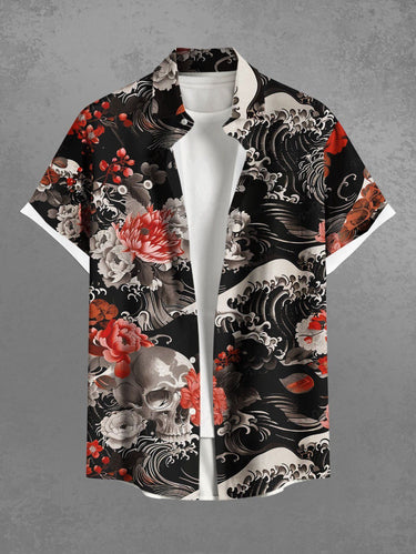 Gothic Plus Size Skull Flower Sea Waves Print Button Pocket Shirt For Men