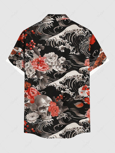 Gothic Plus Size Skull Flower Sea Waves Print Button Pocket Shirt For Men