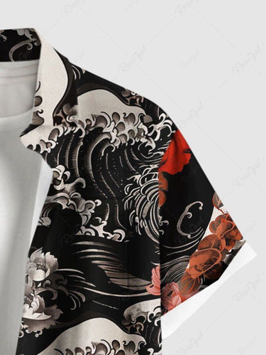 Gothic Plus Size Skull Flower Sea Waves Print Button Pocket Shirt For Men