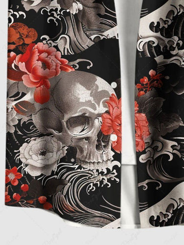 Gothic Plus Size Skull Flower Sea Waves Print Button Pocket Shirt For Men