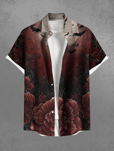 Gothic Plus Size Flower Moon Bat Ombre Print Button Pocket Shirt For Men