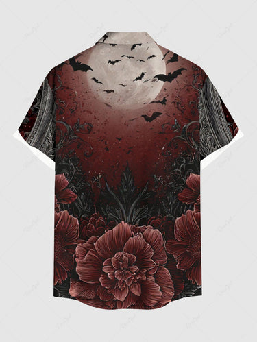 Gothic Plus Size Flower Moon Bat Ombre Print Button Pocket Shirt For Men