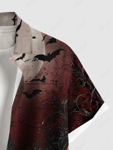 Gothic Plus Size Flower Moon Bat Ombre Print Button Pocket Shirt For Men