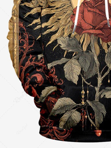 Gothic Plus Size Rose Flower Sun Print Pullover Long Sleeves Hoodie For Men