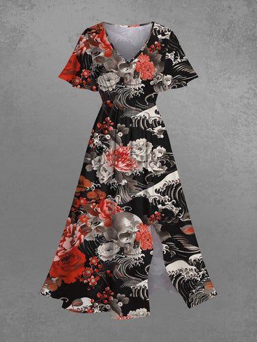 Gothic Plus Size Skull Flower Sea Waves Print Split Pocket A Line Midi Dress