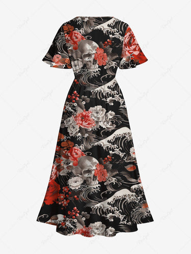 Gothic Plus Size Skull Flower Sea Waves Print Split Pocket A Line Midi Dress
