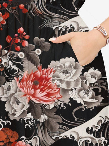 Gothic Plus Size Skull Flower Sea Waves Print Split Pocket A Line Midi Dress