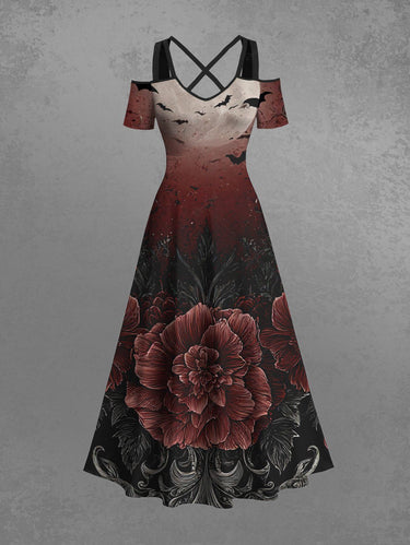 Gothic Plus Size Flower Moon Bat Ombre Print Cold Shoulder Crisscross Strappy A Line Maxi Dress