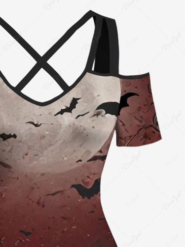 Gothic Plus Size Flower Moon Bat Ombre Print Cold Shoulder Crisscross Strappy A Line Maxi Dress
