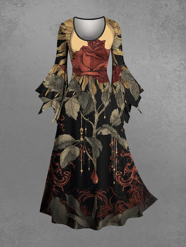 Gothic Rose Flower Sun Print A Line Dress