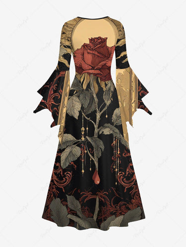 Gothic Rose Flower Sun Print A Line Dress