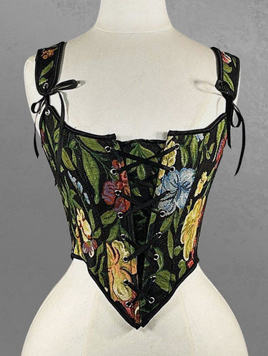 Flowers Leaf Print Lace Up Grommets Corset