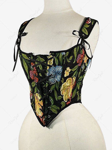 Flowers Leaf Print Lace Up Grommets Corset