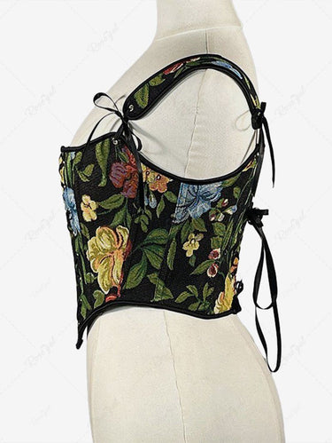Flowers Leaf Print Lace Up Grommets Corset