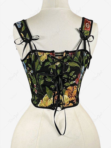 Flowers Leaf Print Lace Up Grommets Corset