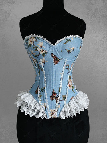 Flowers Butterfly Print Lace Trim Grommets Lace Up Corset