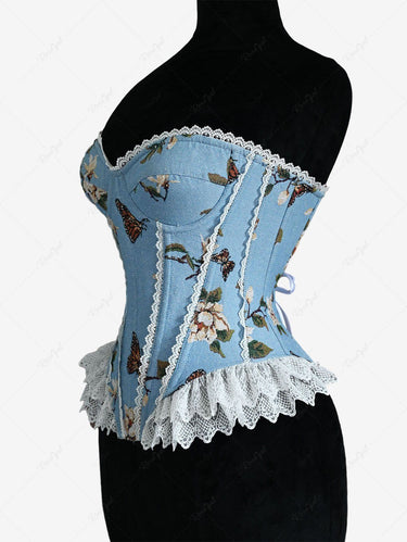 Flowers Butterfly Print Lace Trim Grommets Lace Up Corset
