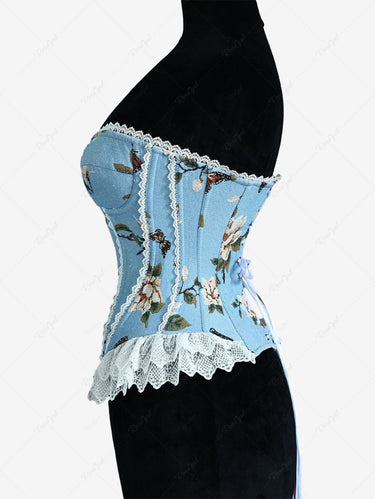 Flowers Butterfly Print Lace Trim Grommets Lace Up Corset