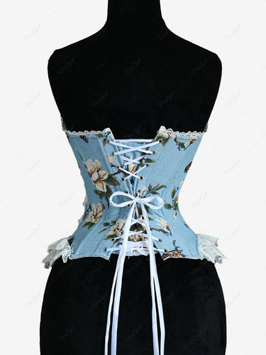 Flowers Butterfly Print Lace Trim Grommets Lace Up Corset