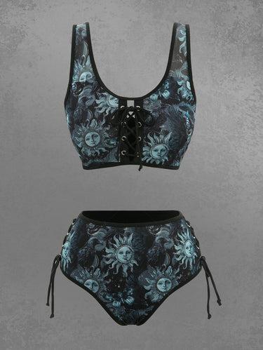 Gothic Sun Crow Butterfly Print Lace Up Tankini Swimsuit