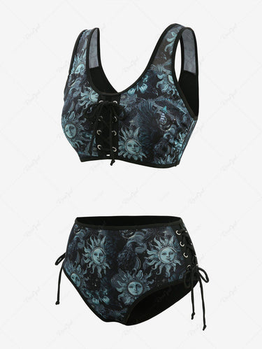 Gothic Sun Crow Butterfly Print Lace Up Tankini Swimsuit