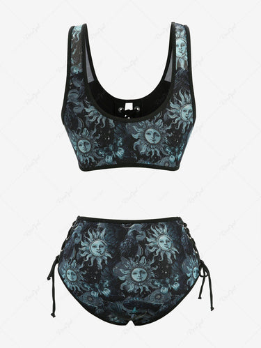 Gothic Sun Crow Butterfly Print Lace Up Tankini Swimsuit