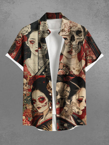 Gothic Plus Size Skull Ukiyoe Flower Print Button Pocket Shirt For Men