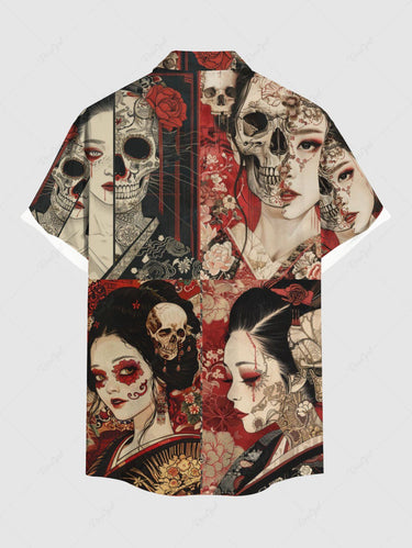 Gothic Plus Size Skull Ukiyoe Flower Print Button Pocket Shirt For Men