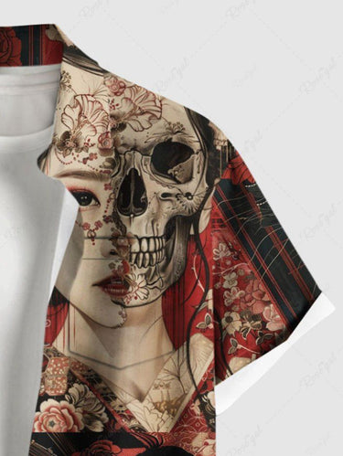 Gothic Plus Size Skull Ukiyoe Flower Print Button Pocket Shirt For Men