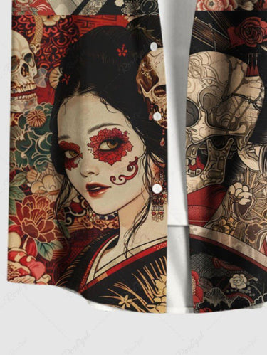 Gothic Plus Size Skull Ukiyoe Flower Print Button Pocket Shirt For Men