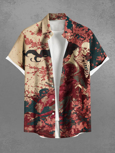 Gothic Plus Size Cherry Blossom Skeleton Ukiyoe Print Button Pocket Shirt For Men