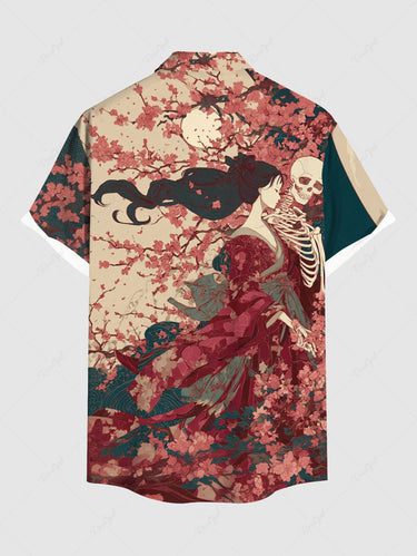 Gothic Plus Size Cherry Blossom Skeleton Ukiyoe Print Button Pocket Shirt For Men