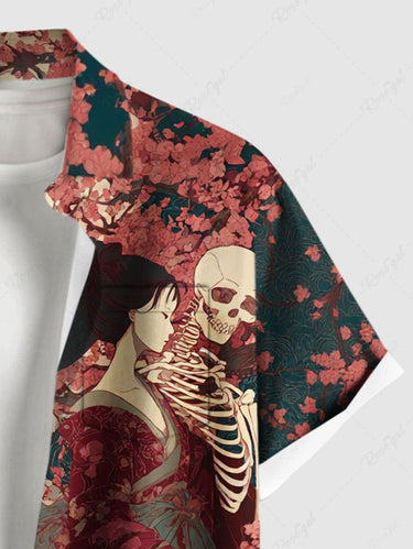 Gothic Plus Size Cherry Blossom Skeleton Ukiyoe Print Button Pocket Shirt For Men