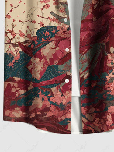 Gothic Plus Size Cherry Blossom Skeleton Ukiyoe Print Button Pocket Shirt For Men