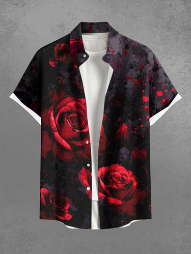 Gothic Plus Size Rose Flower Print Valentines Button Pocket Shirt For Men