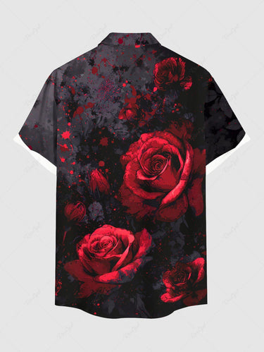 Gothic Plus Size Rose Flower Print Valentines Button Pocket Shirt For Men